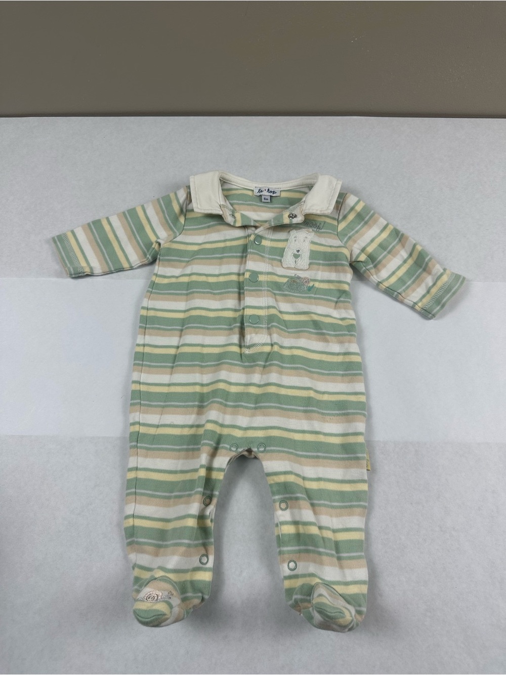 Le Top Soft Green and Cream Striped One-Piece Footie- 6 Months